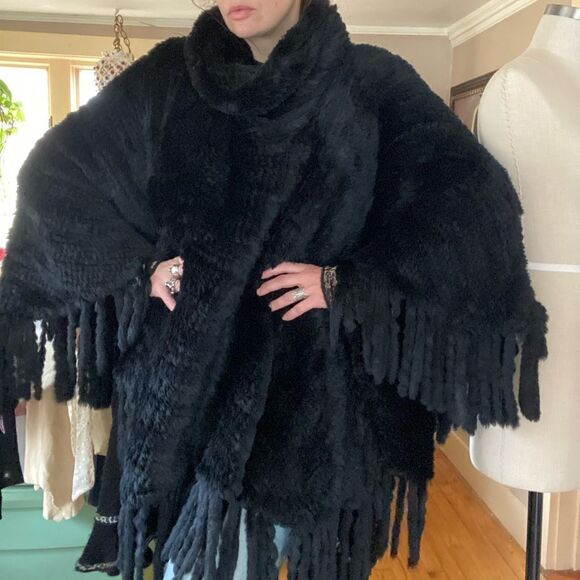 Fur poncho black knitted rabbit cowl neck cape large Xl plus one size - Picture 1 of 15